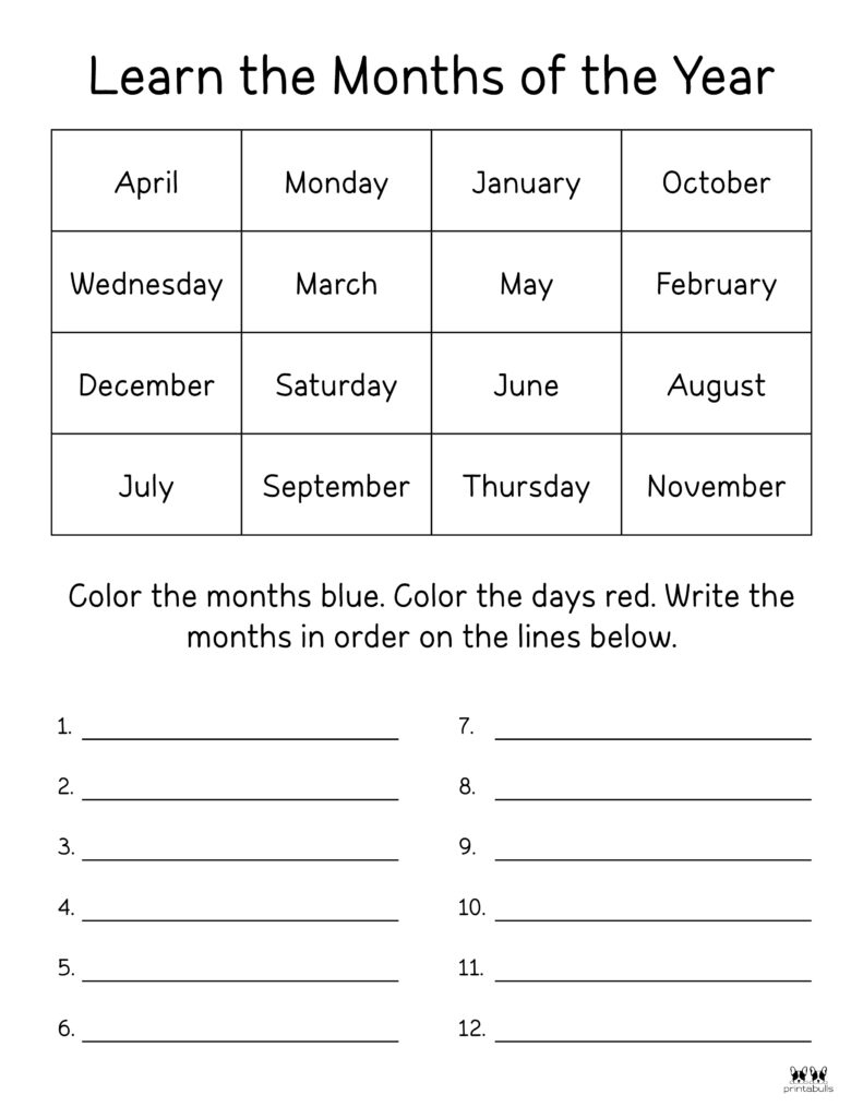 Months Of The Year Worksheets & Printables | Printabulls in Months of the Year Printables Free