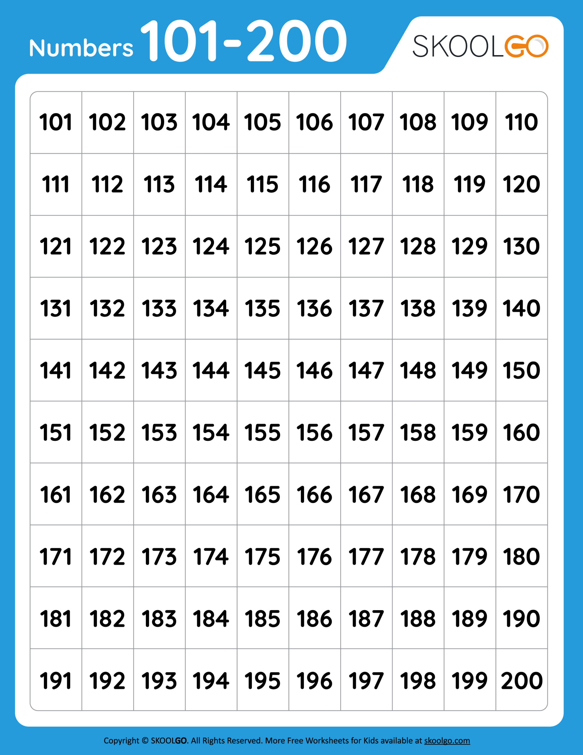 Numbers 101 To 200 - Free Worksheet For Kids - Skoolgo inside 101-200 Chart Printable Free