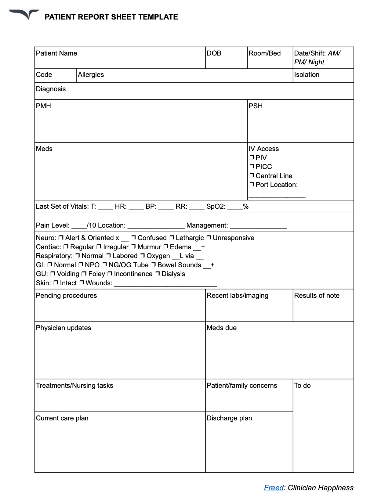 Nursing Report Sheet Template — Free Download regarding Free Printable Nurse Report Sheets