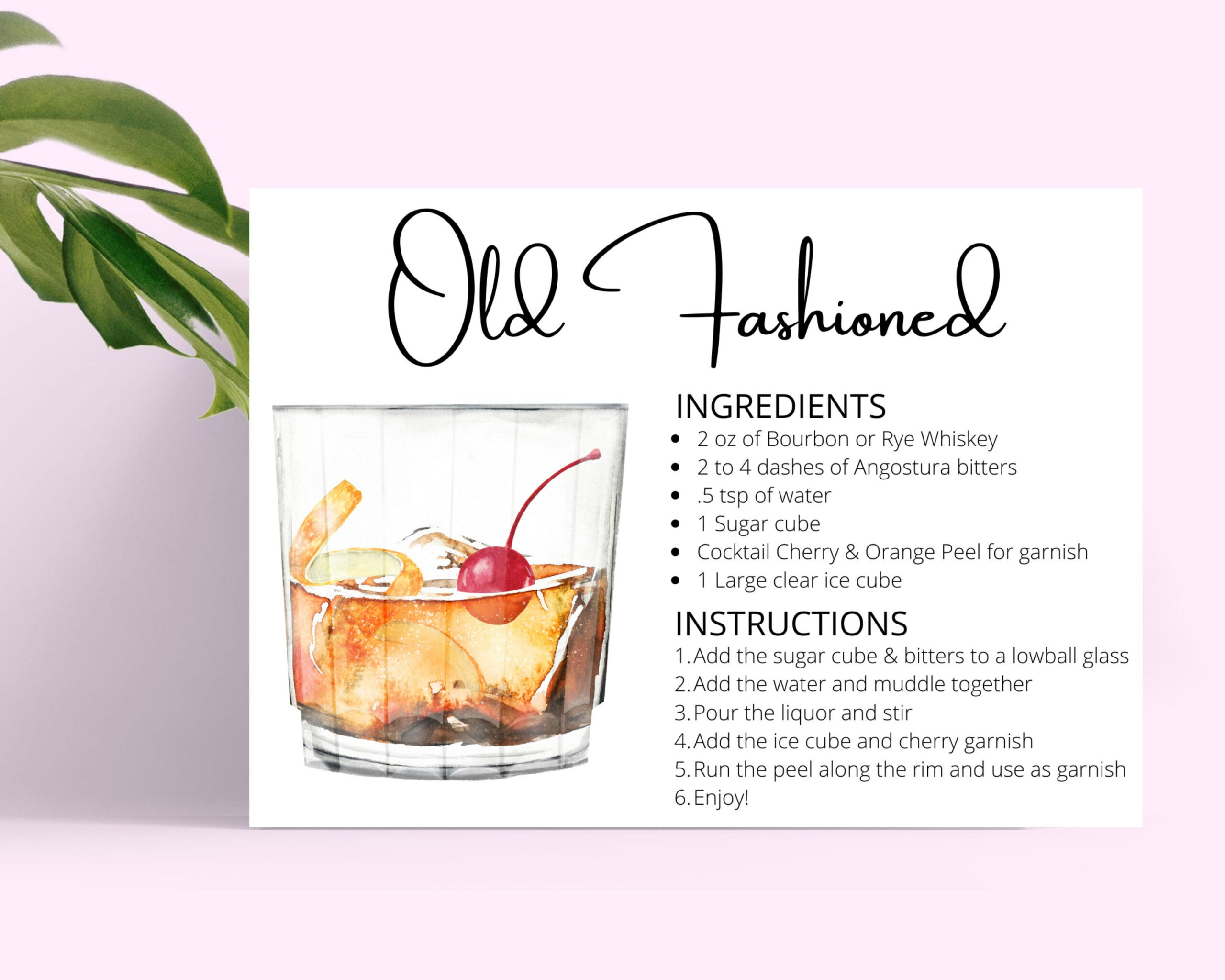 Old Fashioned Digital Download Cocktail Recipe Card, Cocktail intended for Printable Old Fashioned Recipe Card