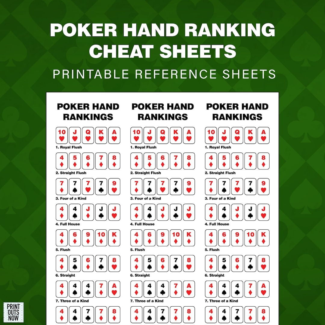 Poker Hand Ranking Cheat Sheet Print Out - Instant Download - For inside Texas Holdem Cheat Sheet Printable