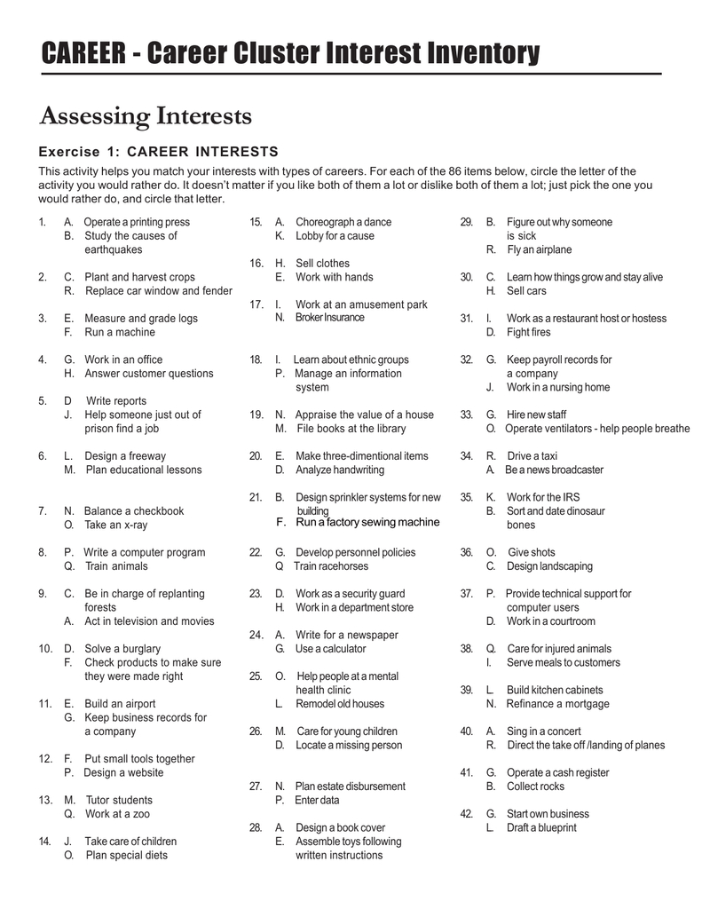 Printable Career Interest Inventory - Printable Bingo Cards inside Free Printable Career Interest Inventory