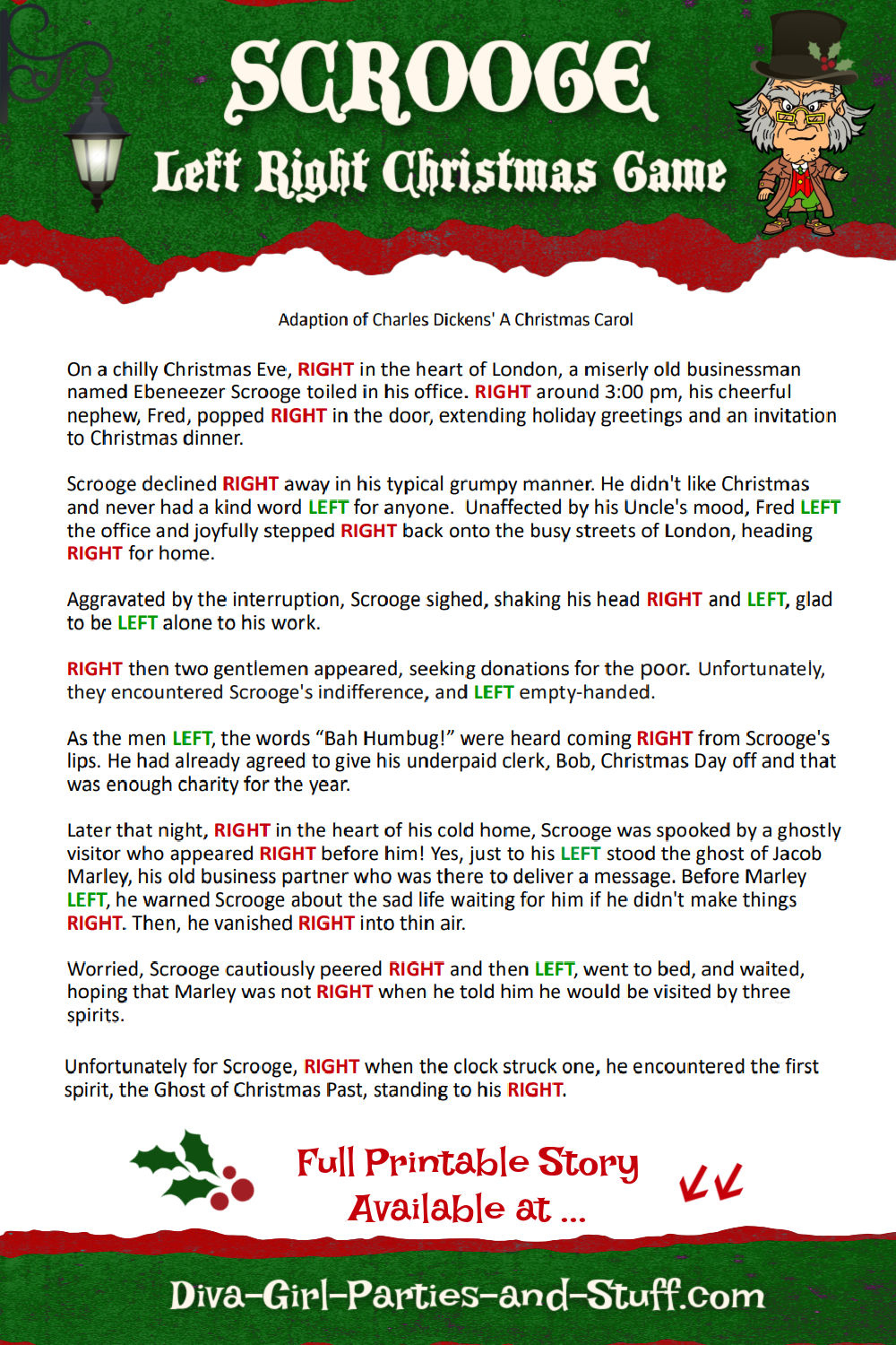Printable Left Right Christmas Game Story Of Scrooge throughout Printable Left And Right Game