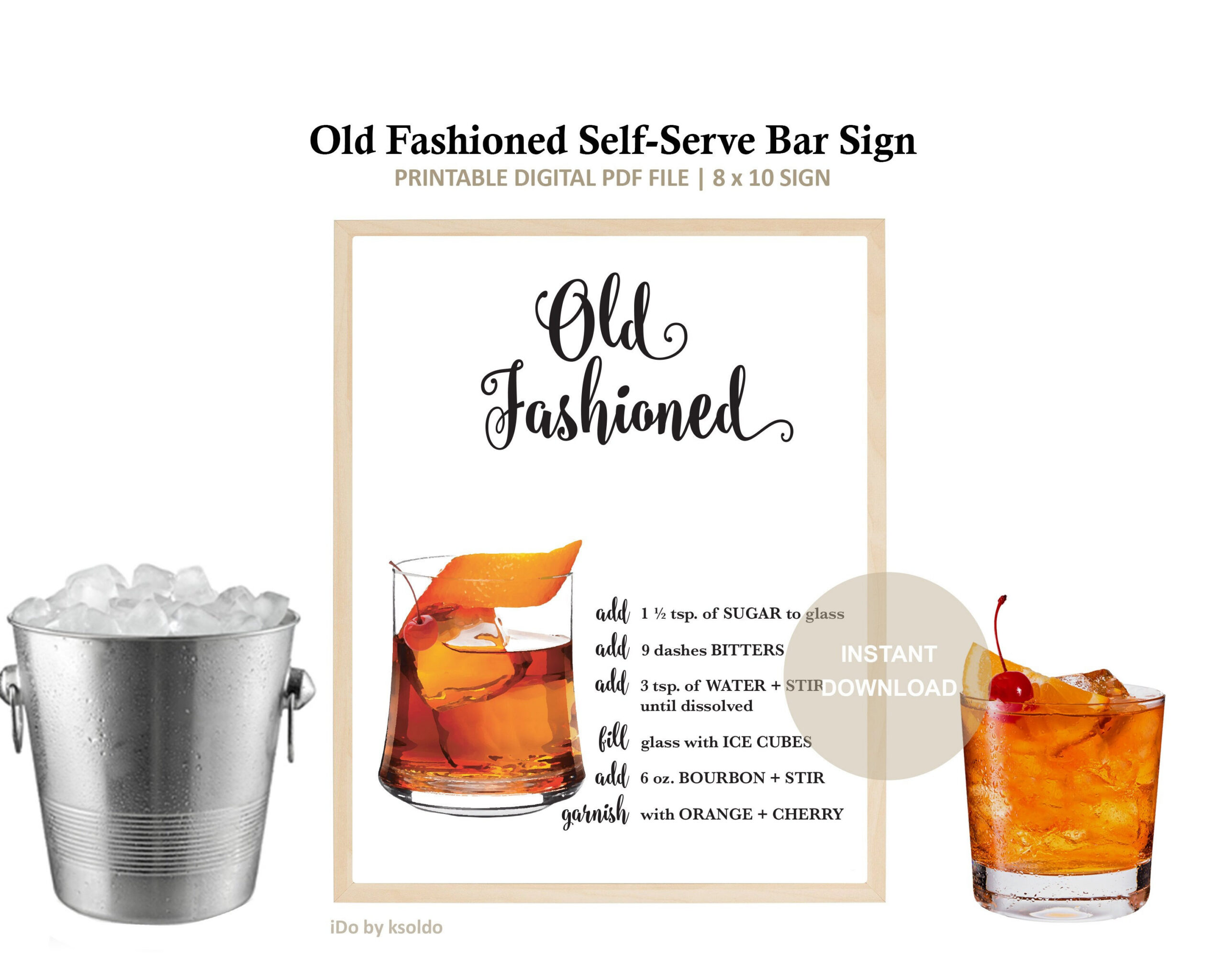 Printable Old Fashioned Self Serve Bar Sign - Old Fashioned Drink in Printable Old Fashioned Recipe Card