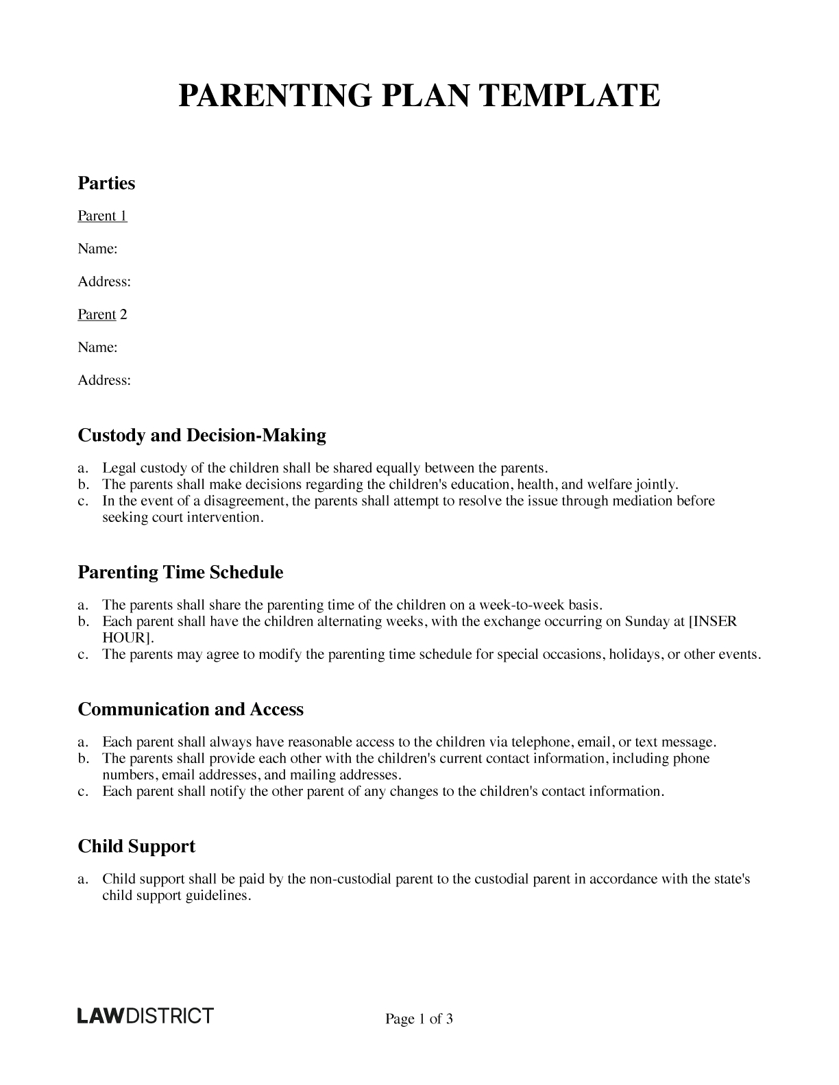 Printable Parenting Plan Template | Pdf & Word | Lawdistrict pertaining to Printable Co Parenting Agreement Template