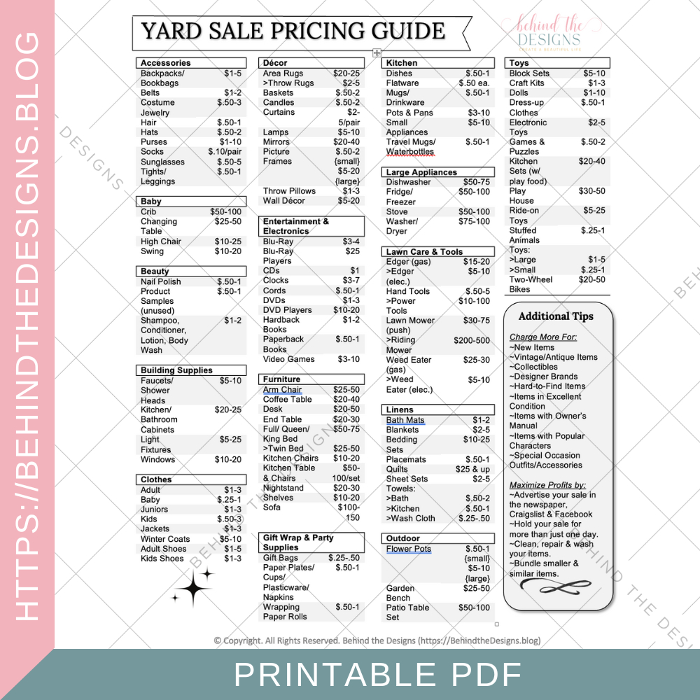 Printable Yard Sale Pricing Guide Minimal - Behind The Designs within Printable Garage Sale Pricing Guide
