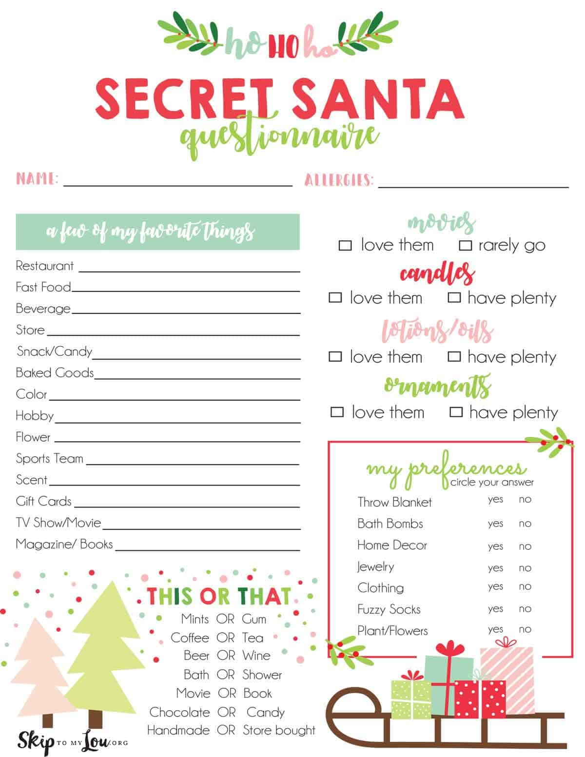 Secret Santa Questionnaire | Skip To My Lou for Secret Santa Survey Free Printable