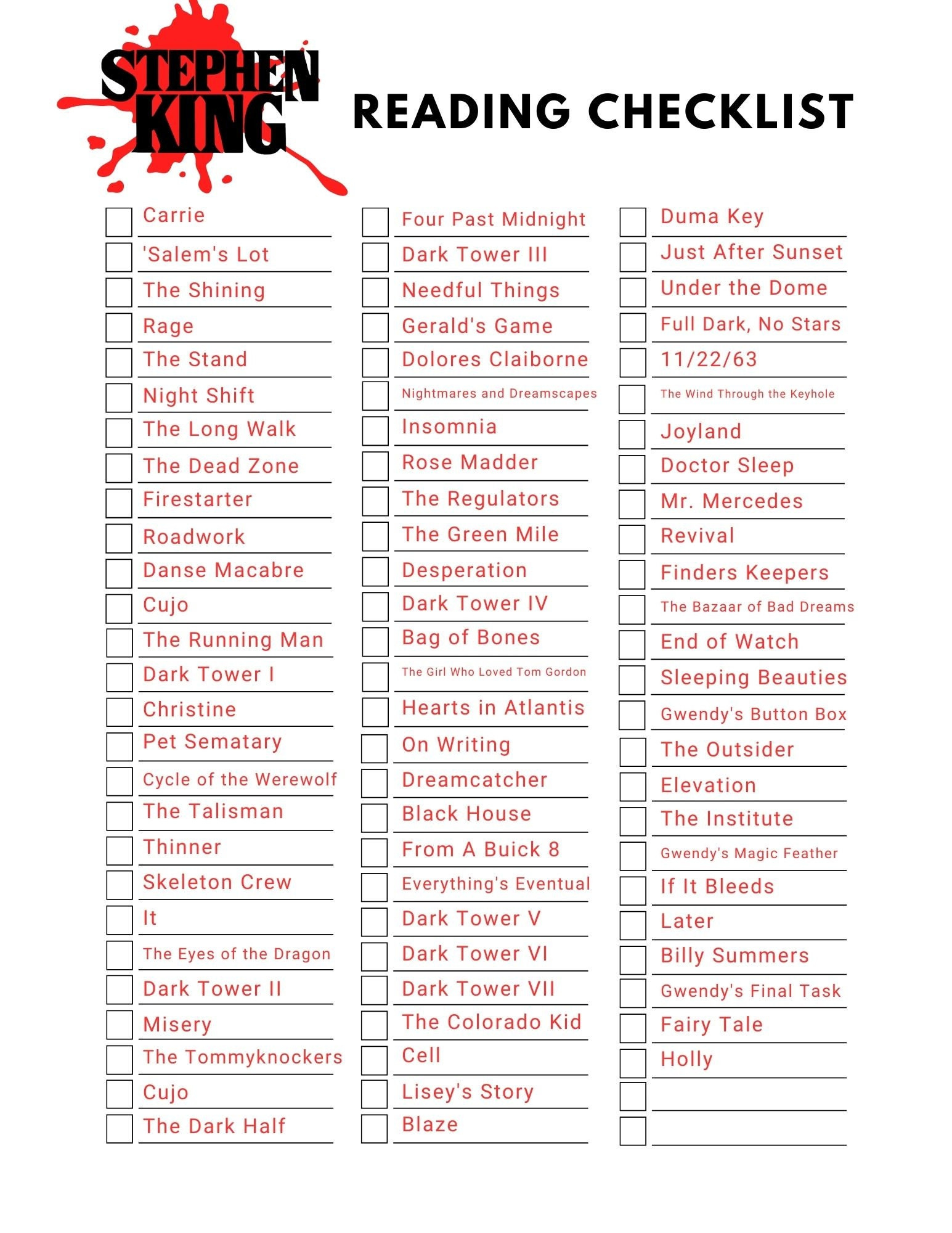 Stephen King Reading Checklist | Digital Download - Etsy inside Stephen King Book Checklist Printable