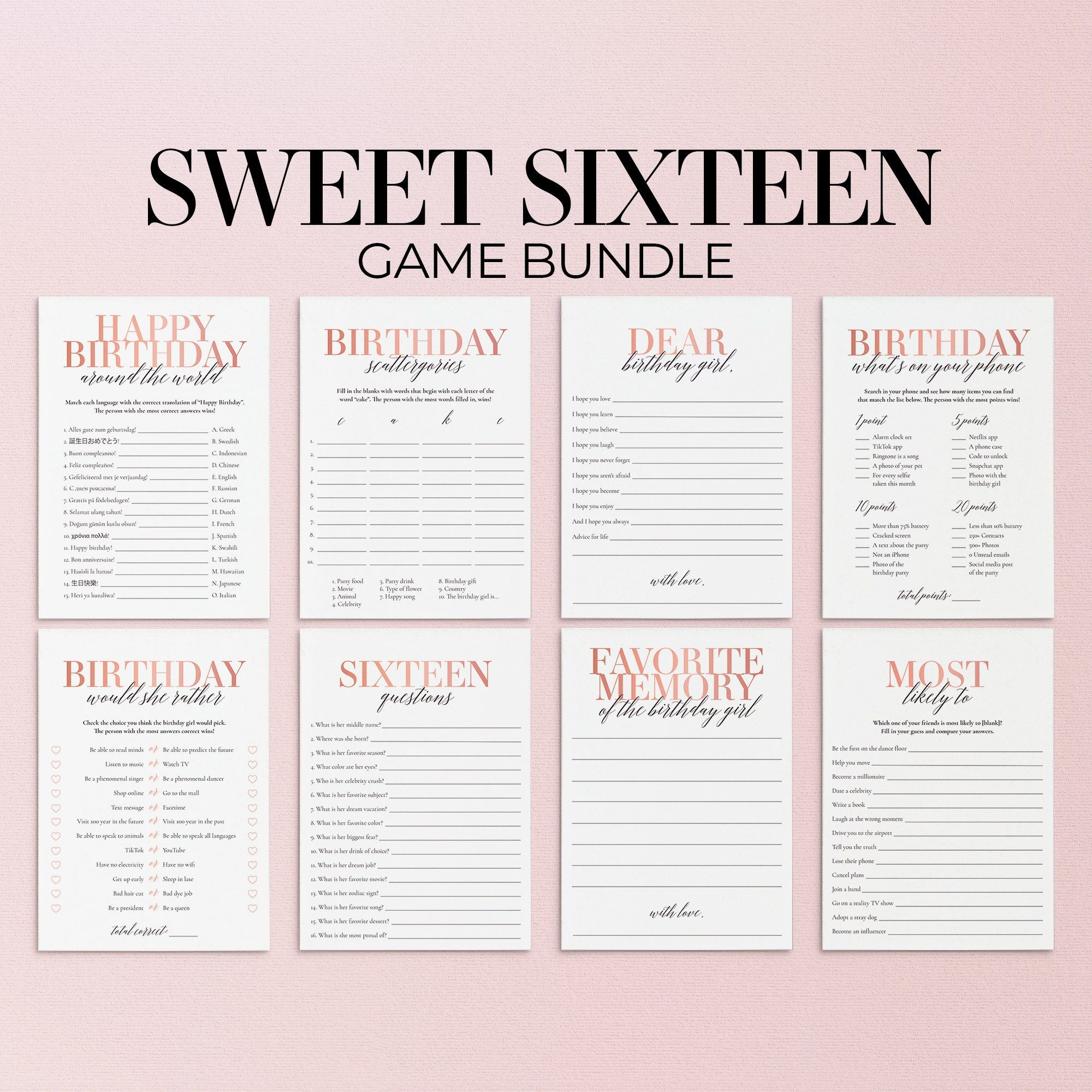 Sweet 16 Games Bundle Printable 16Th Birthday Games Sweet 16 Party within Free Printable Sweet 16 Party Games