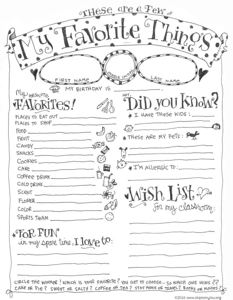 Teacher Favorite Things Questionnaire Printable | Skip To My Lou for Free Printable My Favorite Things Worksheet