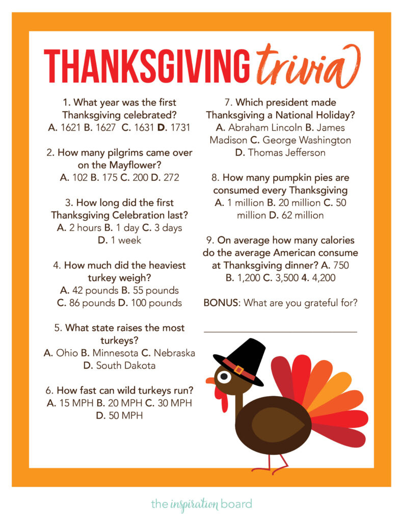 Thanksgiving Trivia (Free Printable) - The Inspiration Board for Thanksgiving Day Trivia Questions and Answers Printable