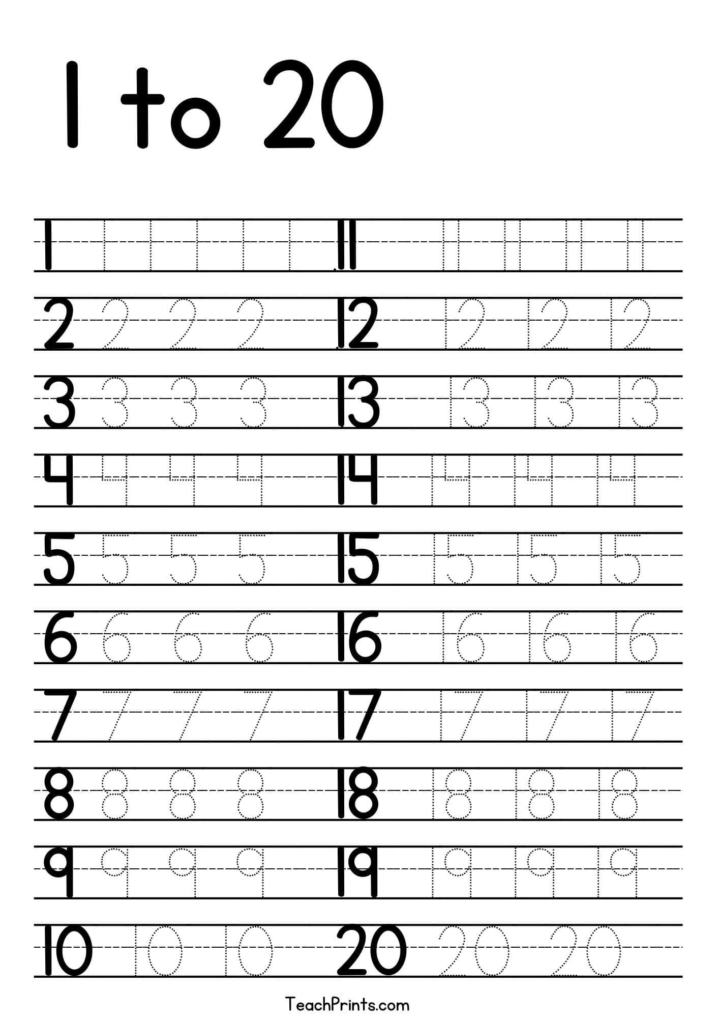 Tracing Numbers 1-20 Worksheets (Free Printable Pdfs) - Teach Prints with regard to Free Printable Tracing Numbers 1-20 Worksheets