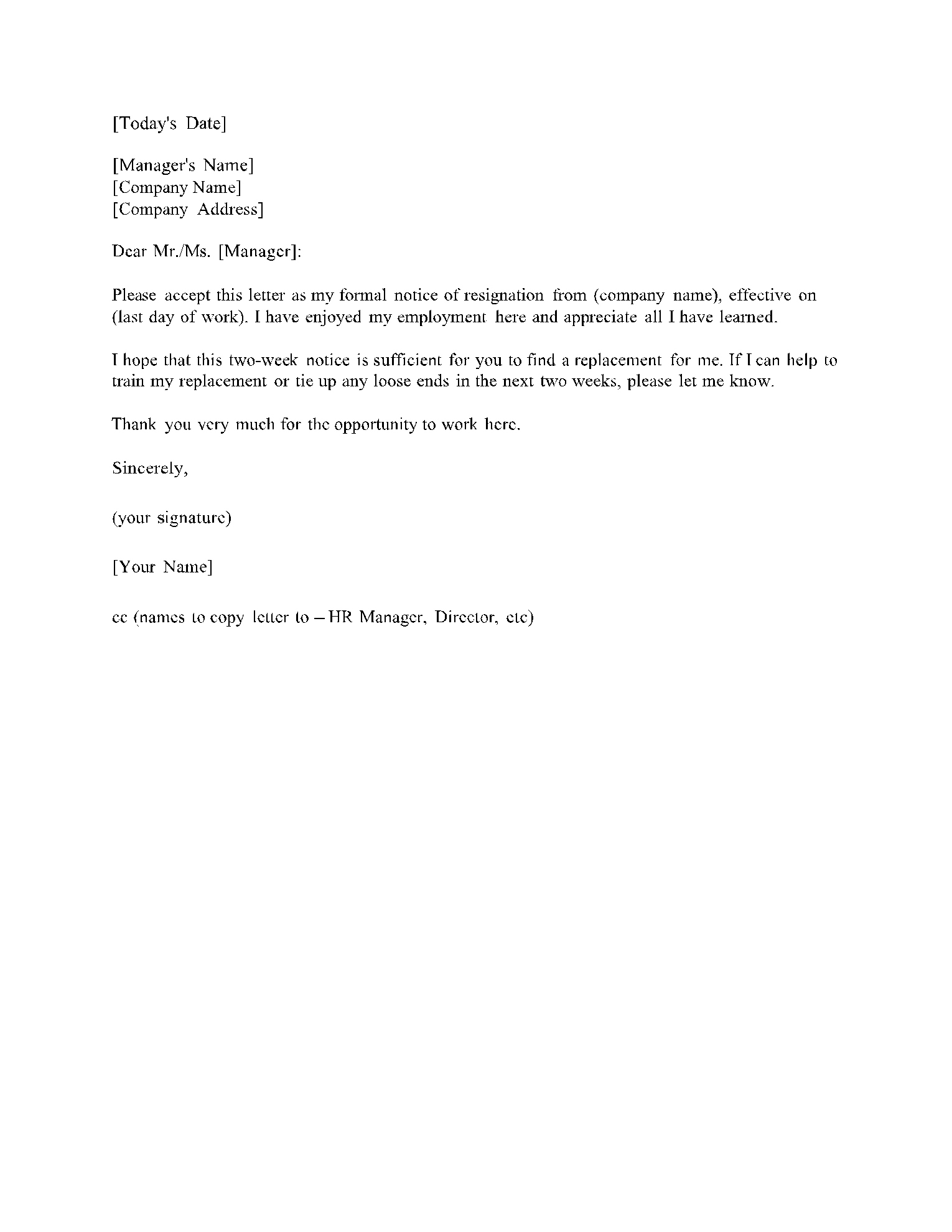 Two Weeks Notice Letter Template (100% Free) | Cocosign for Printable 2 Weeks Notice Letter