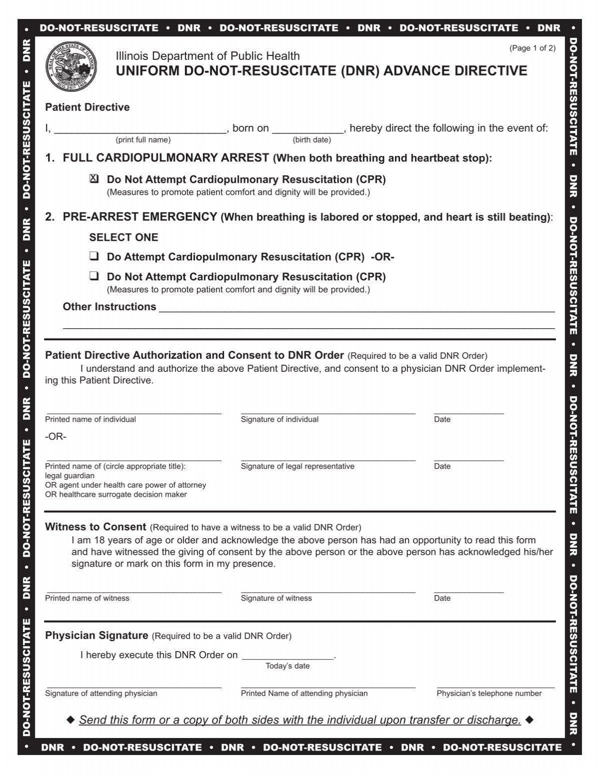 Uniform Do-Not-Resuscitate (Dnr) Advance Directive inside Do Not Resuscitate Printable Dnr Form