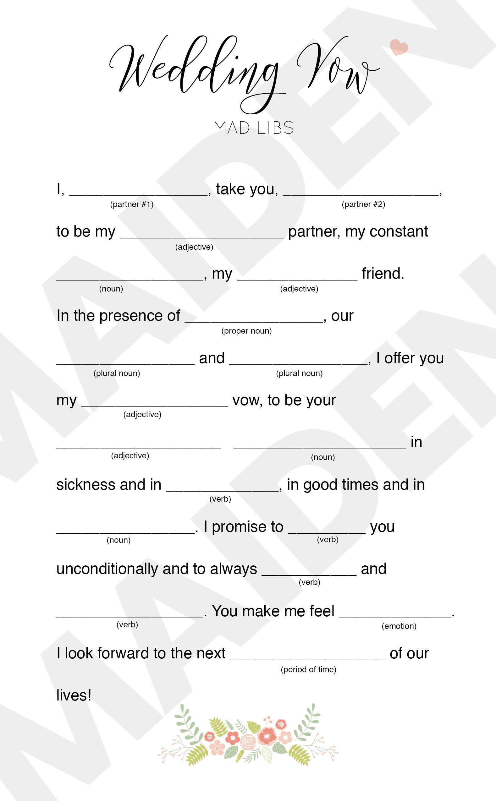 Wedding Vow Mad Libs Printable Digital File For Bridal Shower regarding Free Printable Wedding Mad Libs
